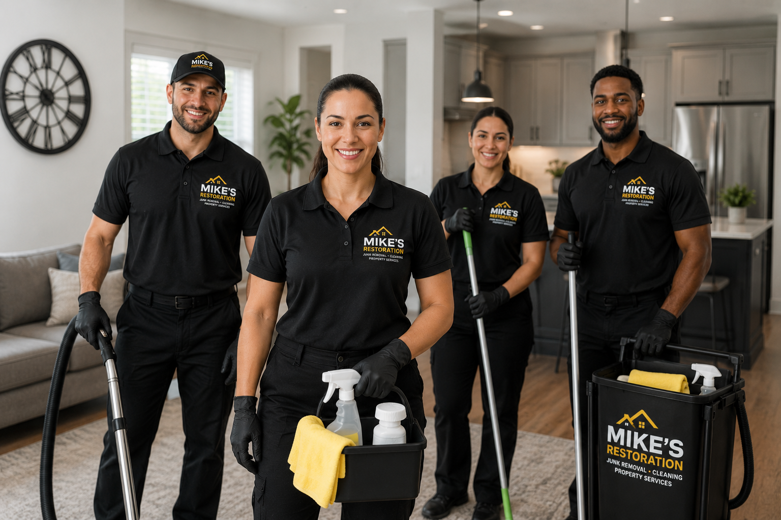 Mike's Restoration professional house cleaning crew dusting, vacuuming and mopping a modern home