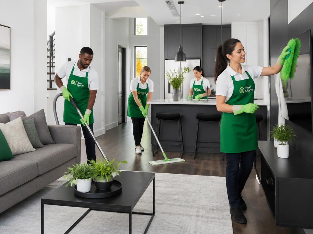 Mike's Restoration professional house cleaning crew dusting, vacuuming and mopping a modern home